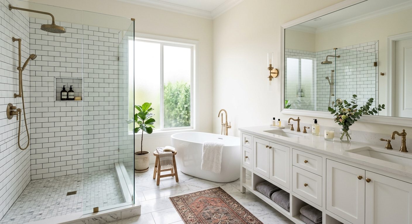 High-end bathroom remodel with freestanding tub and marble finishes